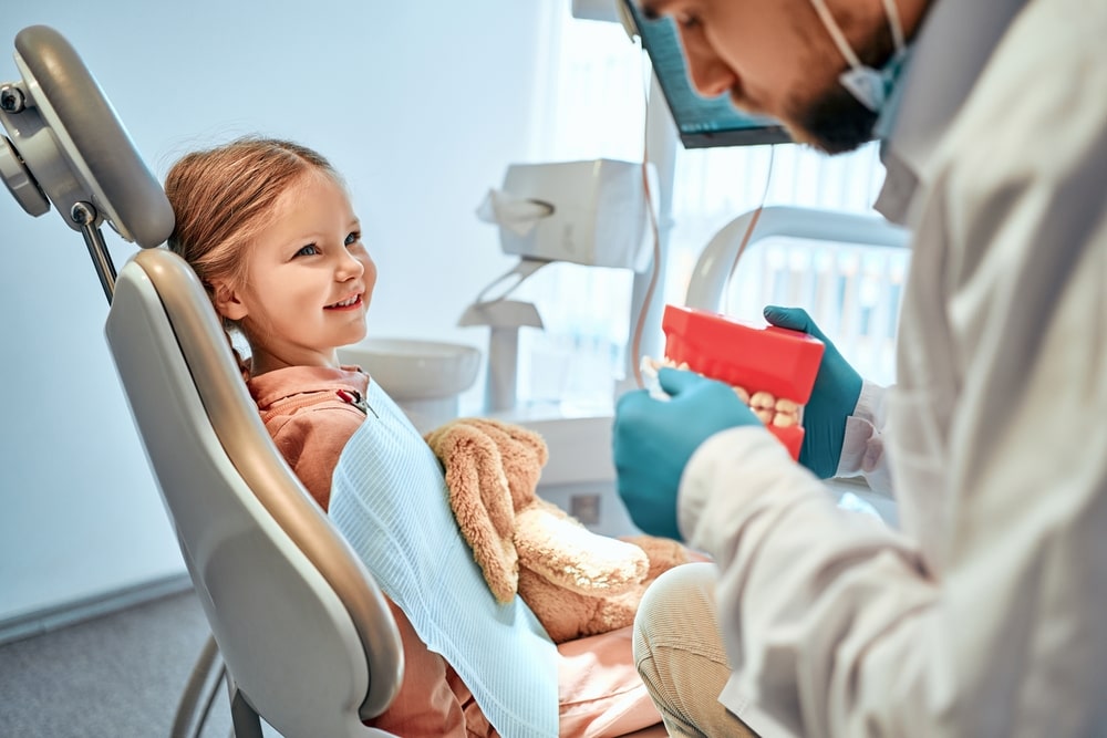 some_questions_about_children’s_dental_care_dentist_lasalle Little girl watching dentist explain things with mouth model