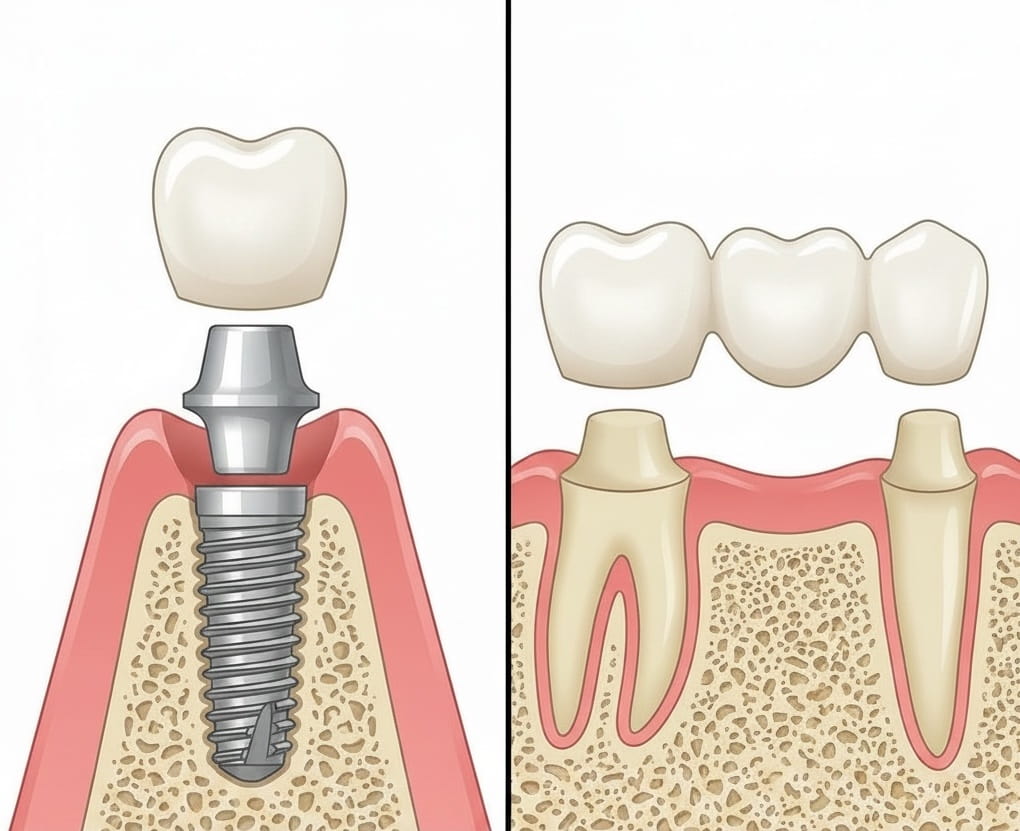 Illustration showing a crown on dental implant and a traditional bridge to replace a missing tooth
